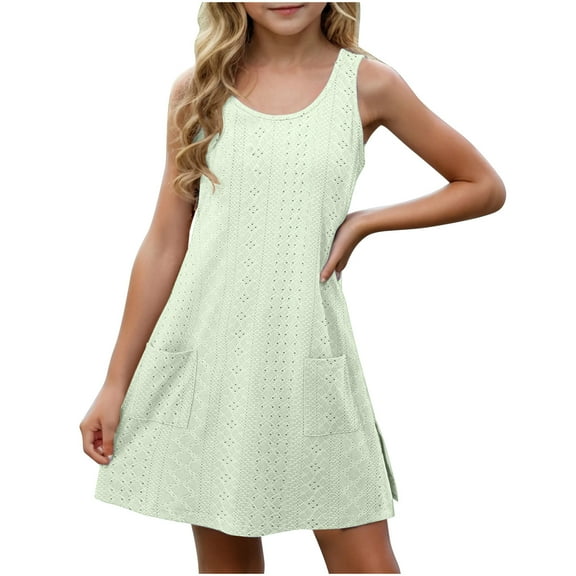 Girls Dress Size 4-14 Years Scoop Neck Sleeveless A Line Short Sundress with Pockets Summer Tank Top Dress (11 Years, Green)