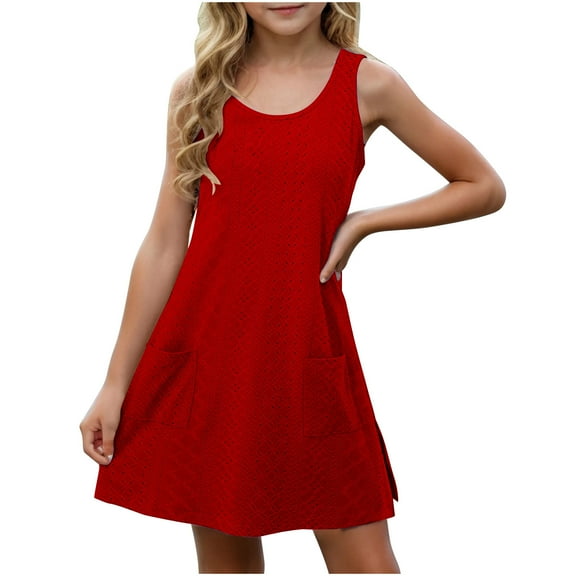 Girls Dress Size 4-14 Years Scoop Neck Sleeveless A Line Short Sundress with Pockets Summer Tank Top Dress (11 Years, Red)