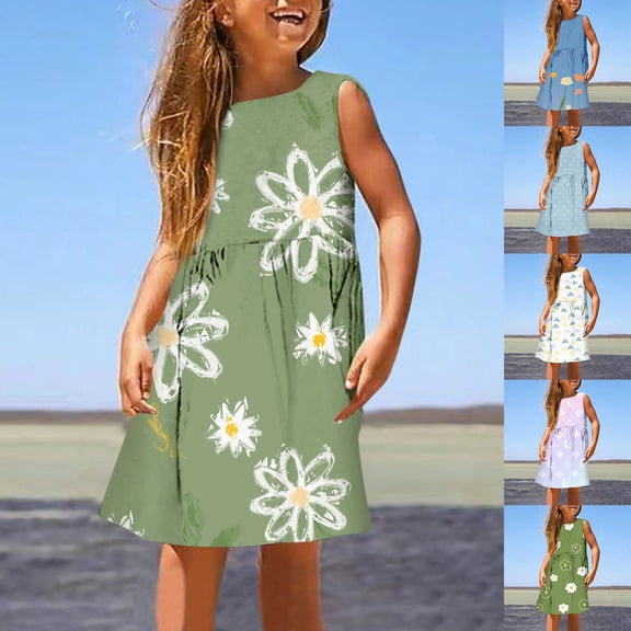 Girls Dress Size 5-6Y Youth Floral Print Round Neck Sleeveless Casual Spring Summer Dress Toddler Dresses