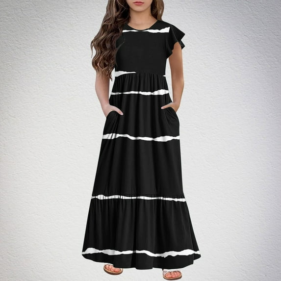 Girls Dress Sleeve Striped Pleated Casual Swing Dresses with Pockets for Kids 6-12 Years