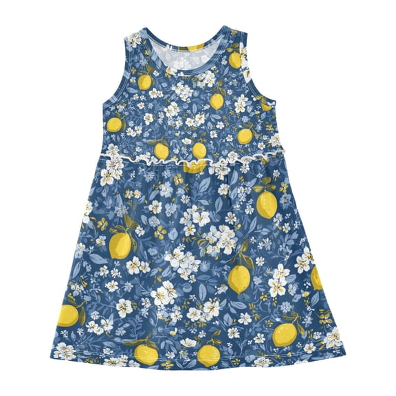 Girls Dress Small Yellow Lemons Sleeveless Dress for Girls Hem A-Line Casual Sundress