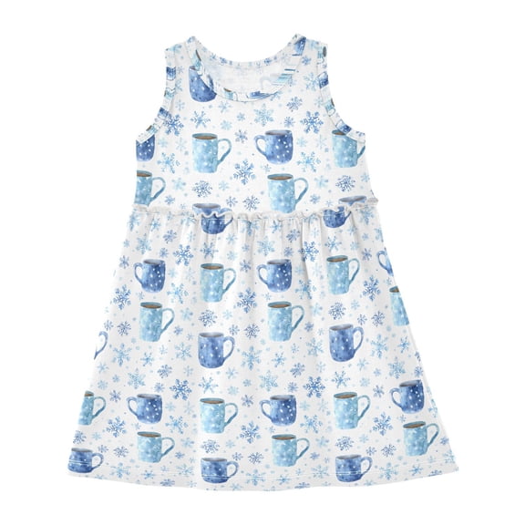 Girls Dress Snowflakes Coffee Cup Sleeveless Dress for Girls Hem A-Line Casual Sundress