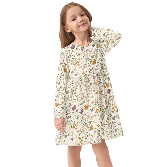 Girls Dress Soft Casual Long Sleeve Cute Dress for Girls Fashion Prints A Variety Of Flower Crew Neck