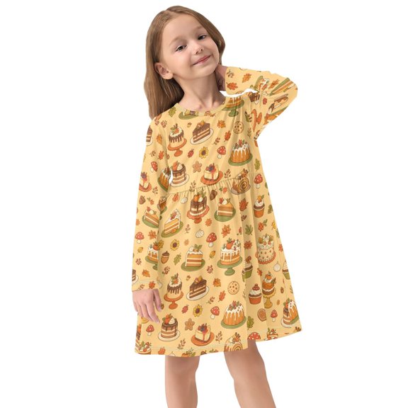 Girls Dress Soft Casual Long Sleeve Cute Dress for Girls Fashion Prints Autumn Cake Crew Neck