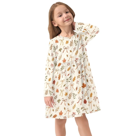Girls Dress Soft Casual Long Sleeve Cute Dress for Girls Fashion Prints Autumn Leaves Bow Crew Neck