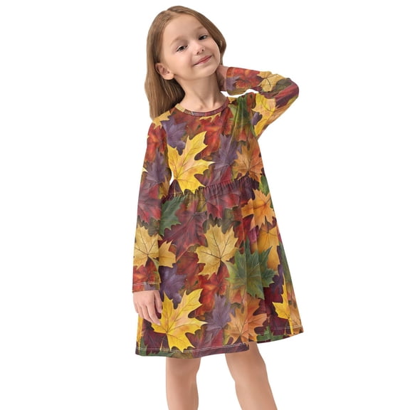 Girls Dress Soft Casual Long Sleeve Cute Dress for Girls Fashion Prints Autumn Maple Leaves Crew Neck