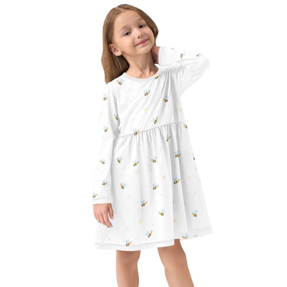 Girls Dress Soft Casual Long Sleeve Cute Dress for Girls Fashion Prints Bee Crew Neck