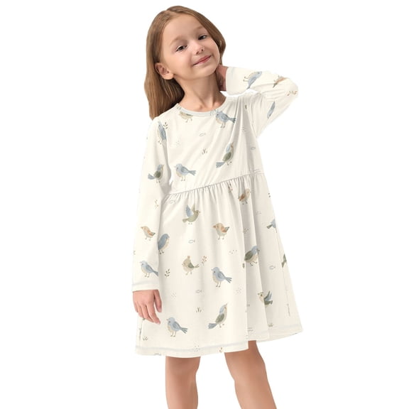 Girls Dress Soft Casual Long Sleeve Cute Dress for Girls Fashion Prints Bird Crew Neck