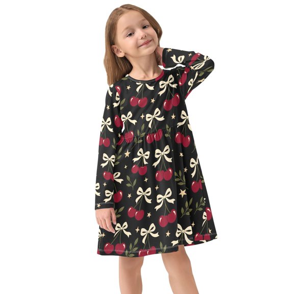 Girls Dress Soft Casual Long Sleeve Cute Dress for Girls Fashion Prints Black Background Cherry Crew Neck