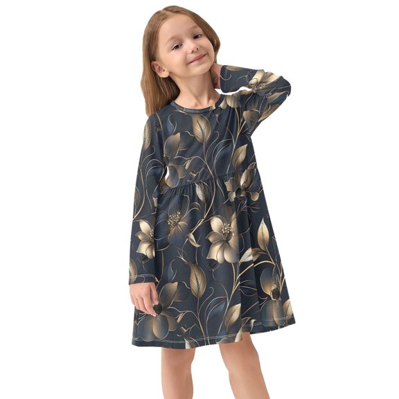 Girls Dress Soft Casual Long Sleeve Cute Dress for Girls Fashion Prints Black Golden Flower Crew Neck