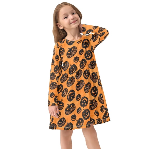 Girls Dress Soft Casual Long Sleeve Cute Dress for Girls Fashion Prints Black Halloween Pumpkin Crew Neck