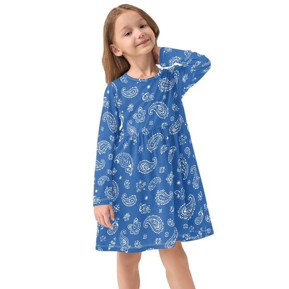 Girls Dress Soft Casual Long Sleeve Cute Dress for Girls Fashion Prints Blue Paisley White Crew Neck