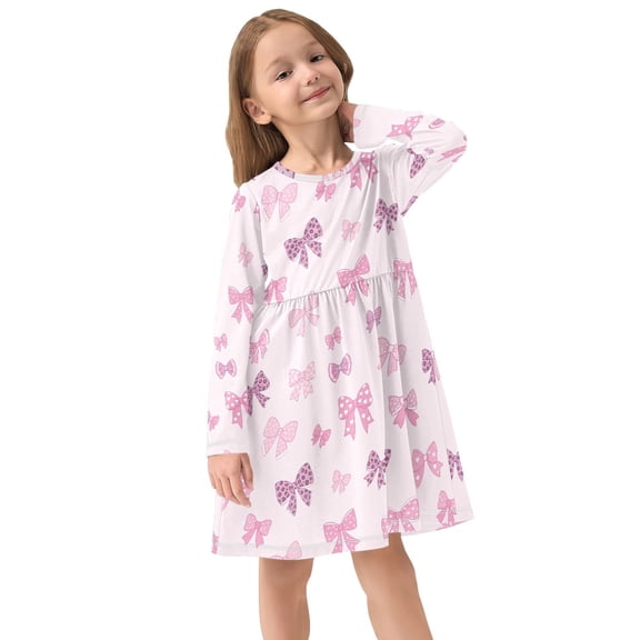 Girls Dress Soft Casual Long Sleeve Cute Dress for Girls Fashion Prints Bow Crew Neck