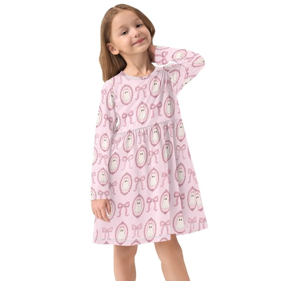 Girls Dress Soft Casual Long Sleeve Cute Dress for Girls Fashion Prints Bow Ghost Crew Neck