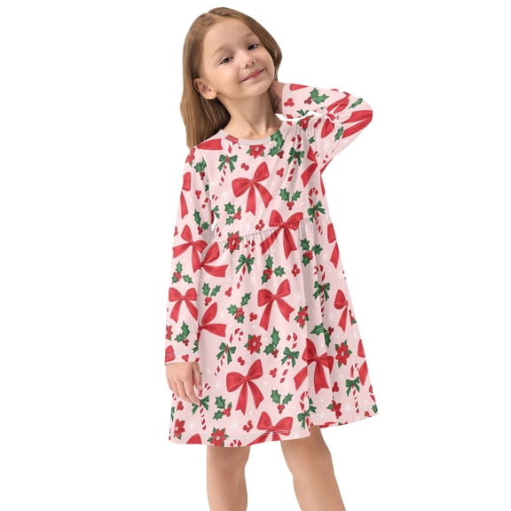 Girls Dress Soft Casual Long Sleeve Cute Dress for Girls Fashion Prints Bow Holly Flower Crew Neck