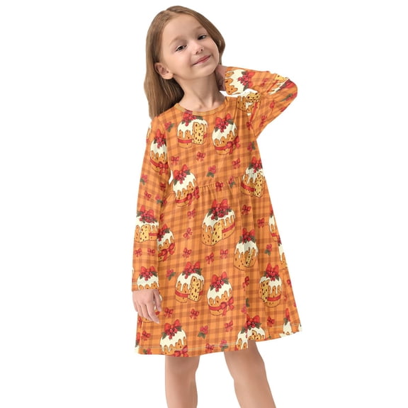 Girls Dress Soft Casual Long Sleeve Cute Dress for Girls Fashion Prints Bows Shaped Cake Crew Neck