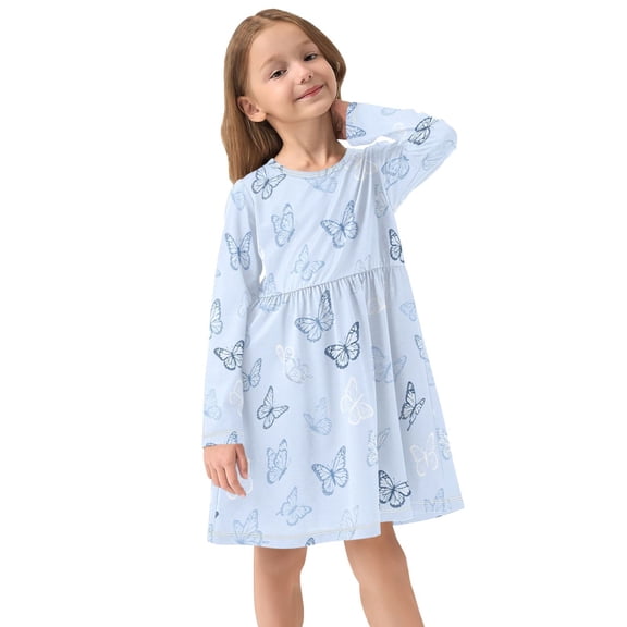 Girls Dress Soft Casual Long Sleeve Cute Dress for Girls Fashion Prints Butterfies Crew Neck