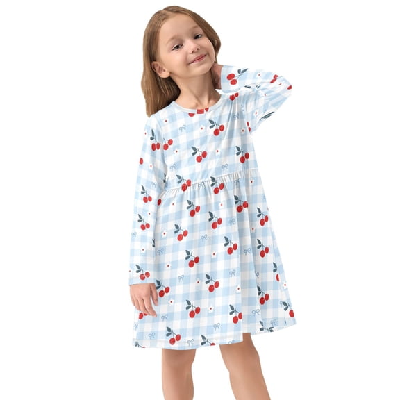 Girls Dress Soft Casual Long Sleeve Cute Dress for Girls Fashion Prints Cherry Bow Check Crew Neck