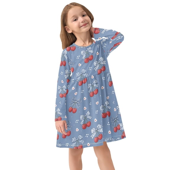 Girls Dress Soft Casual Long Sleeve Cute Dress for Girls Fashion Prints Cherry Bowknot Crew Neck