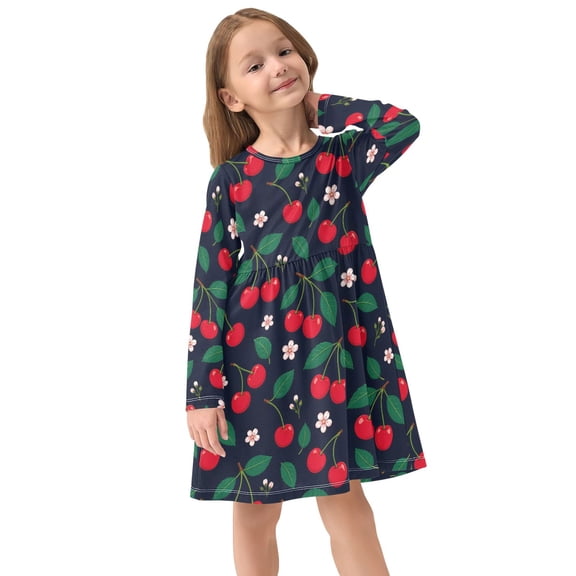 Girls Dress Soft Casual Long Sleeve Cute Dress for Girls Fashion Prints Cherry Crew Neck