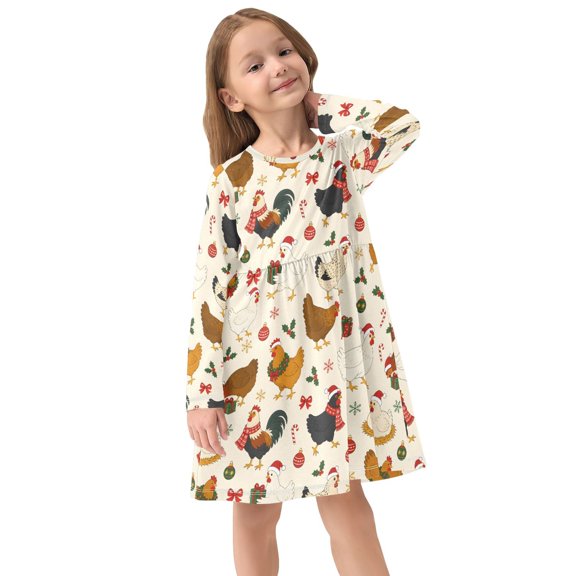 Girls Dress Soft Casual Long Sleeve Cute Dress for Girls Fashion Prints Chickens Crew Neck