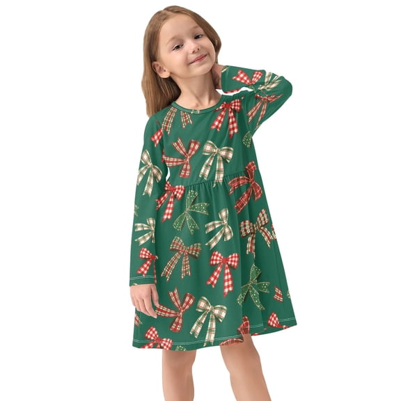 Girls Dress Soft Casual Long Sleeve Cute Dress for Girls Fashion Prints Christmas Checked Bow Crew Neck
