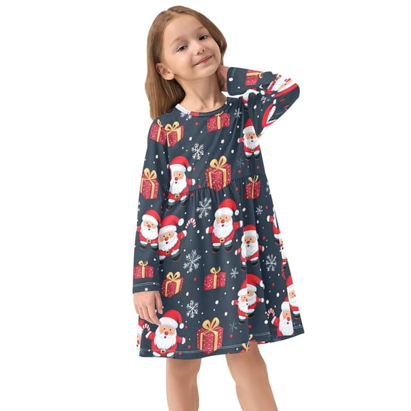 Girls Dress Soft Casual Long Sleeve Cute Dress for Girls Fashion Prints Christmas Seams Santa Clauss Crew Neck