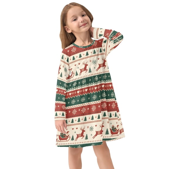 Girls Dress Soft Casual Long Sleeve Cute Dress for Girls Fashion Prints Christmas Striped Crew Neck