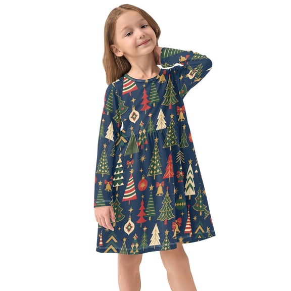 Girls Dress Soft Casual Long Sleeve Cute Dress for Girls Fashion Prints Christmas Tree Crew Neck