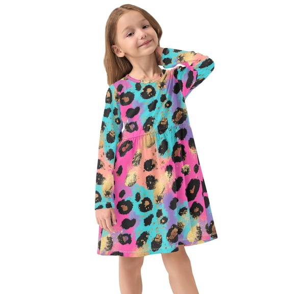 Girls Dress Soft Casual Long Sleeve Cute Dress for Girls Fashion Prints Colorful Abstract Background Black Crew Neck