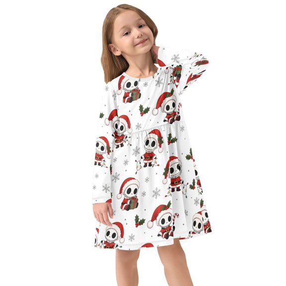 Girls Dress Soft Casual Long Sleeve Cute Dress for Girls Fashion Prints Cute Skeleton Figure Crew Neck