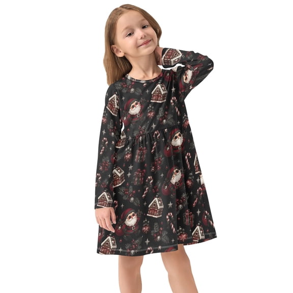 Girls Dress Soft Casual Long Sleeve Cute Dress for Girls Fashion Prints Dark Christmas Crew Neck