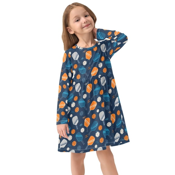 Girls Dress Soft Casual Long Sleeve Cute Dress for Girls Fashion Prints Different Colored Pickleball Crew Neck