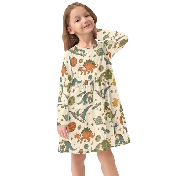Girls Dress Soft Casual Long Sleeve Cute Dress for Girls Fashion Prints Dinosaur Crew Neck