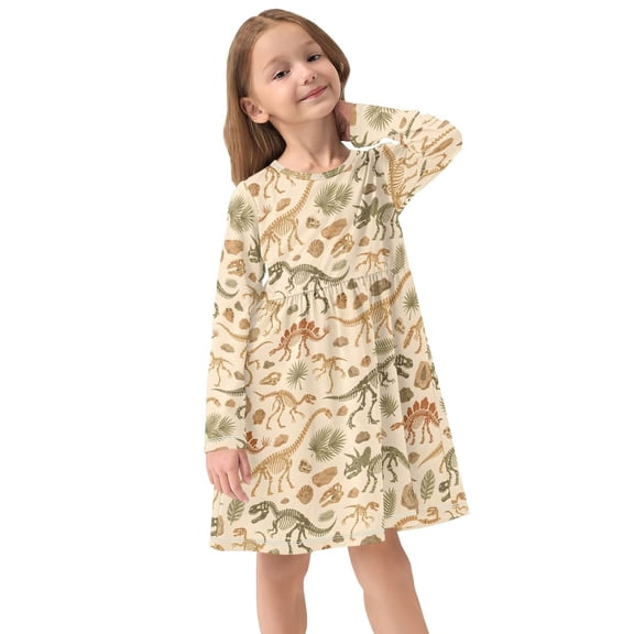 Girls Dress Soft Casual Long Sleeve Cute Dress for Girls Fashion Prints Dinosaurs Crew Neck