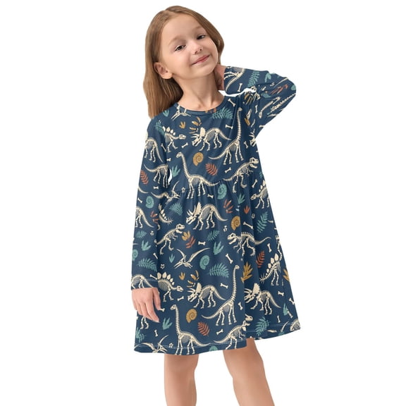 Girls Dress Soft Casual Long Sleeve Cute Dress for Girls Fashion Prints Dinosaurs Leaves Crew Neck