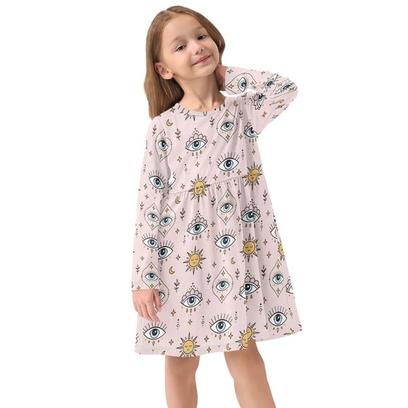 Girls Dress Soft Casual Long Sleeve Cute Dress for Girls Fashion Prints Eye Sun Crew Neck