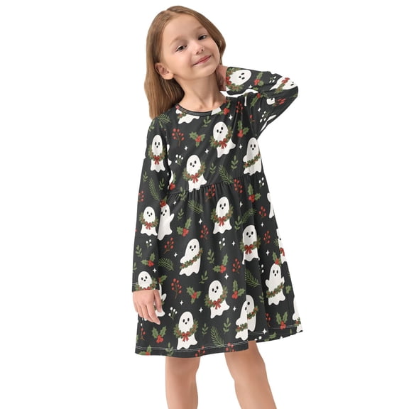 Girls Dress Soft Casual Long Sleeve Cute Dress for Girls Fashion Prints Ghosts Crew Neck