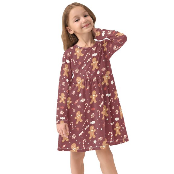 Girls Dress Soft Casual Long Sleeve Cute Dress for Girls Fashion Prints Gingerbread Man Candy Crew Neck