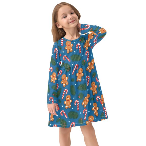 Girls Dress Soft Casual Long Sleeve Cute Dress for Girls Fashion Prints Gingers Candy Canes A Crew Neck