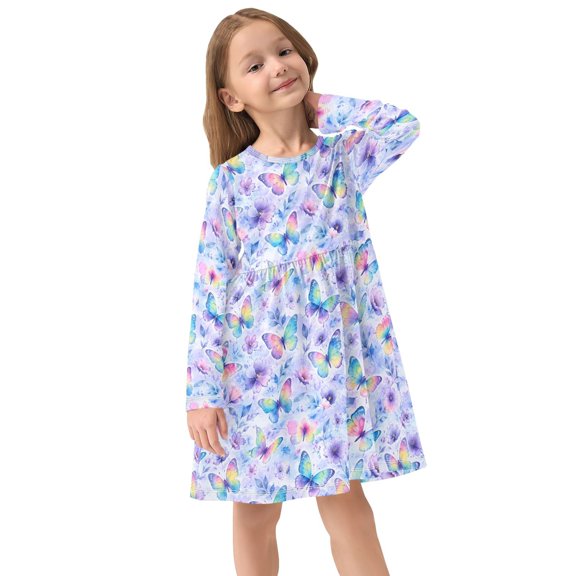 Girls Dress Soft Casual Long Sleeve Cute Dress for Girls Fashion Prints Gradient Bow Crew Neck