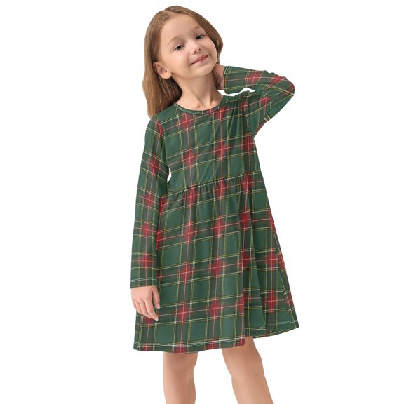 Girls Dress Soft Casual Long Sleeve Cute Dress for Girls Fashion Prints Green Checkered Crew Neck
