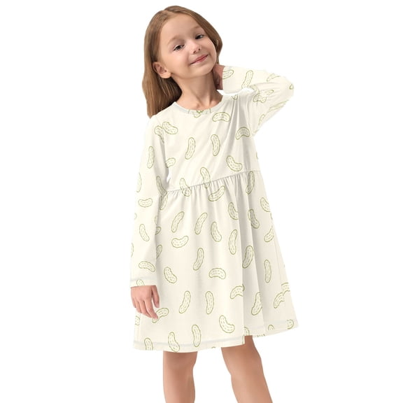 Girls Dress Soft Casual Long Sleeve Cute Dress for Girls Fashion Prints Green Melon Crew Neck