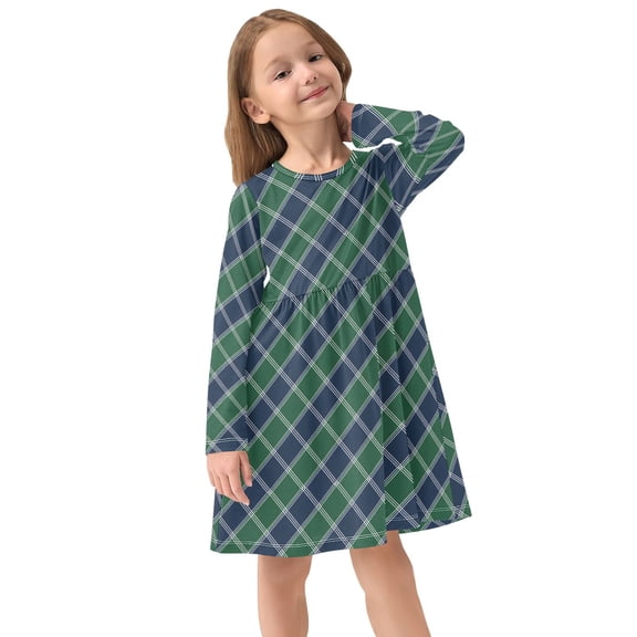 Girls Dress Soft Casual Long Sleeve Cute Dress for Girls Fashion Prints Green Rhombus Crew Neck