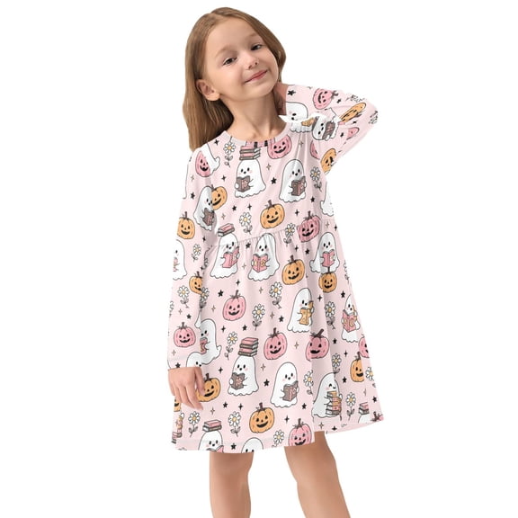 Girls Dress Soft Casual Long Sleeve Cute Dress for Girls Fashion Prints Halloween Ghost Pumpkin Pink Crew Neck