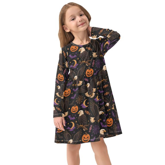 Girls Dress Soft Casual Long Sleeve Cute Dress for Girls Fashion Prints Halloween Owl Pumpkin Crew Neck
