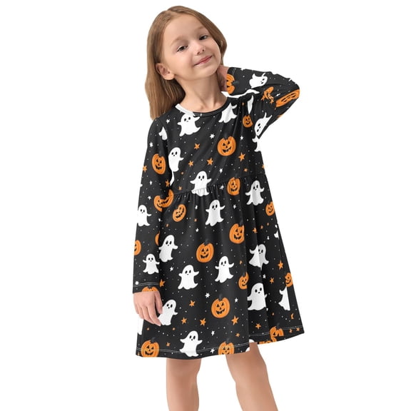Girls Dress Soft Casual Long Sleeve Cute Dress for Girls Fashion Prints Halloween Pumpkin Ghost Crew Neck