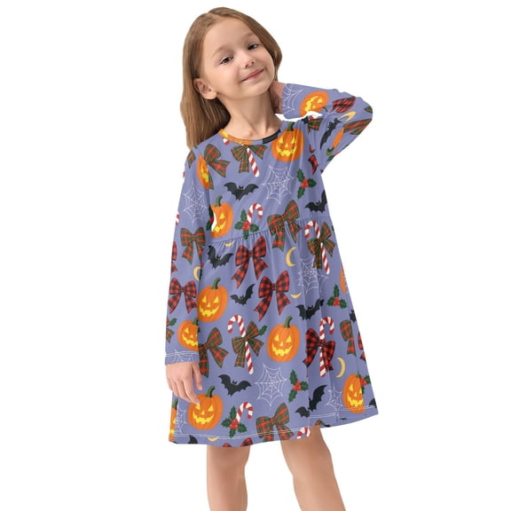 Girls Dress Soft Casual Long Sleeve Cute Dress for Girls Fashion Prints Halloween Pumpkins Bats Crew Neck