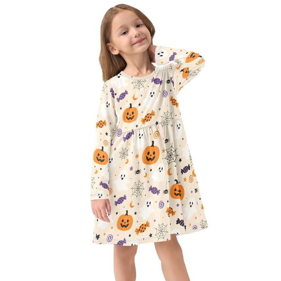 Girls Dress Soft Casual Long Sleeve Cute Dress for Girls Fashion Prints Halloween Pumpkins Crew Neck