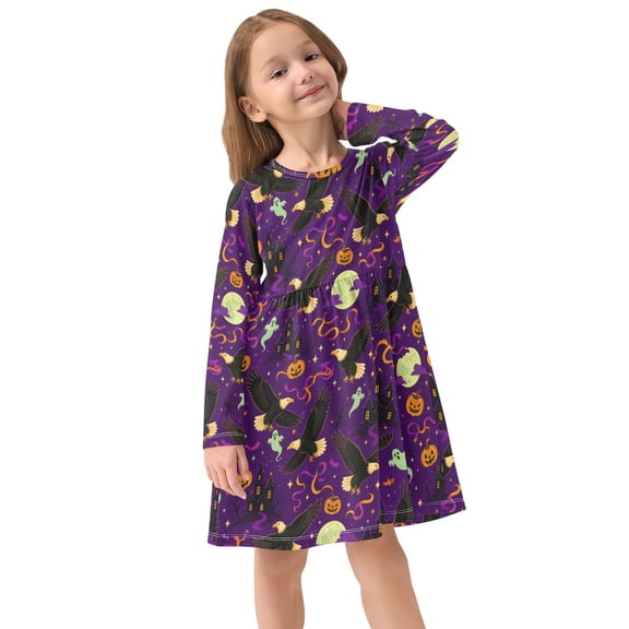 Girls Dress Soft Casual Long Sleeve Cute Dress for Girls Fashion Prints Halloween Seamless Flying Crew Neck